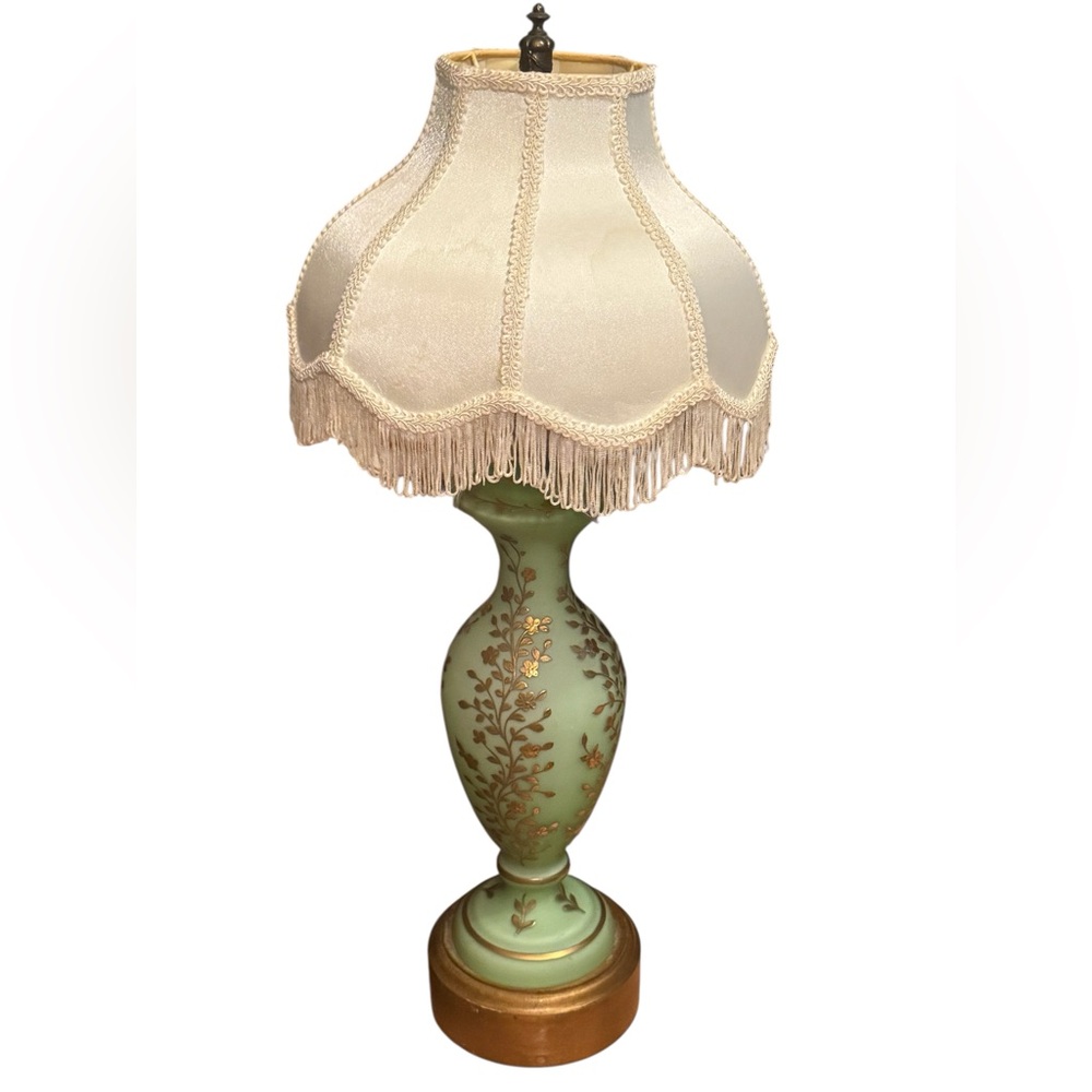 Elegant Antique Victorian Art Deco Green Opaline Hand Painted French Glass Lamp